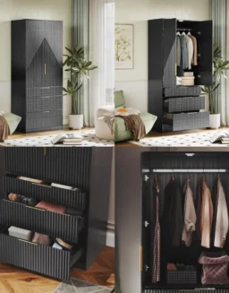 Large Wooden Wardrobe Armoire with Double Doors, 3 Drawers, and Hanging Rod for Bedroom Storage -  1503