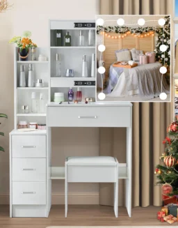 LED Vanity Table with Sliding Mirror, White Makeup Desk 4 Drawers Stool, Dressing Table for Women, Glam Furniture - 1503