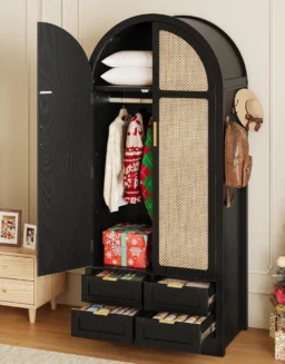 Armoire Wardrobe Closet with 4 Drawers - Wood Bedroom Armoires and Wardrobes with Rattan Doors for Hanging Clothes, Customized -  1503