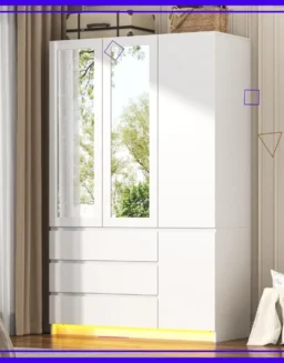 Modern Wooden Armoire with 3 Doors, Drawers, Mirror & LED Lights for Bedroom Storage -  1503