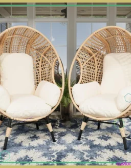 2 Pcs Oversized Wicker Egg Chair with Cushion, 500lbs Capacity, Indoor Outdoor Rattan Patio Lounge for Living Room Balcony