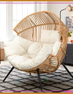 Oversized PE Rattan Egg Chair with Cushion, Outdoor Indoor Patio Lounge Chair for Garden Balcony Living Room Beige